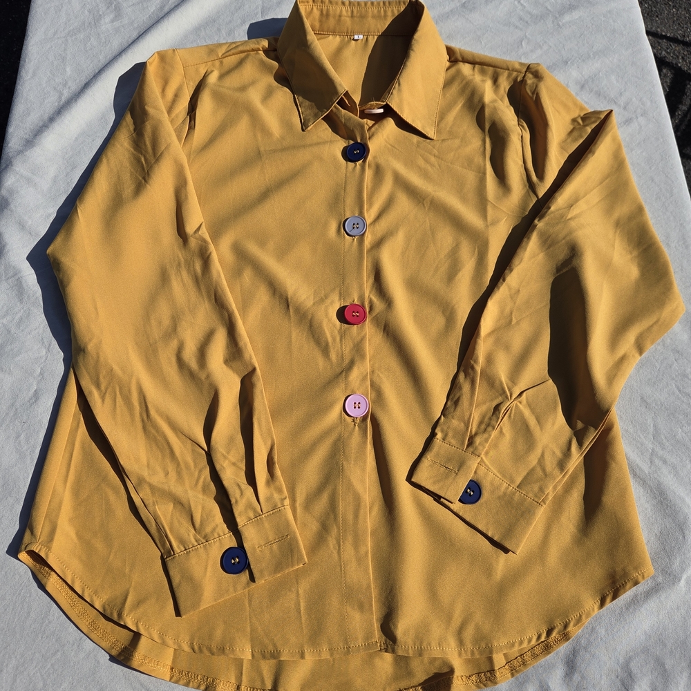 Elegant Mustard Blouse with Colorful Buttons